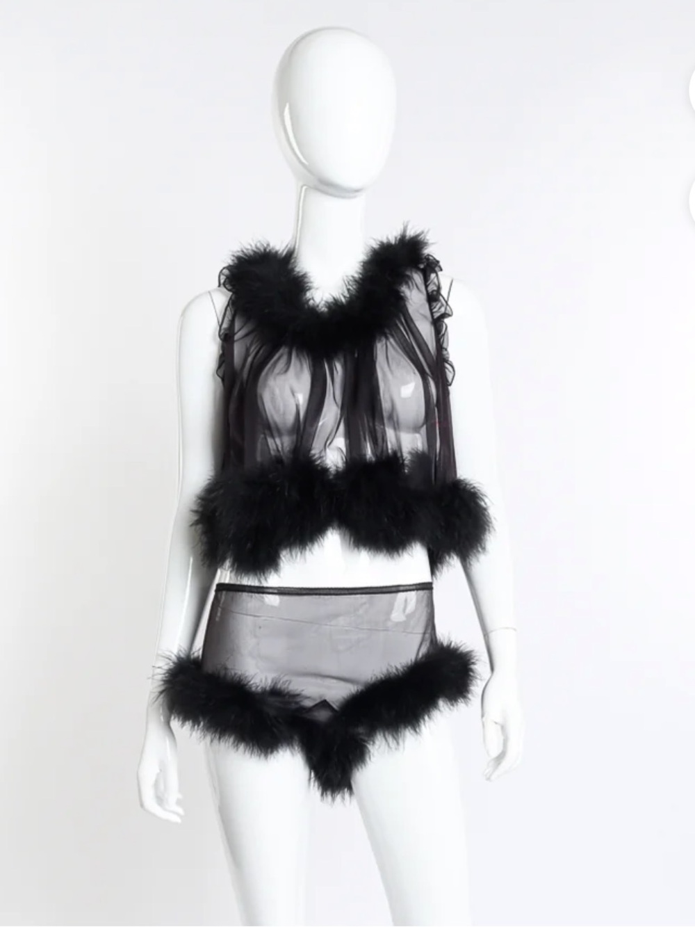 Vintage Virginia Wallace Feather-Trim Sheer Black Two-Piece Lingerie Set